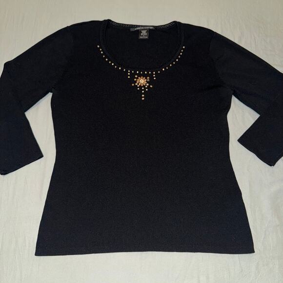 Pierre Cardin Women's Black Top Beaded Long Sleeve Ribbed Size M Boho Round Neck - Picture 1 of 6